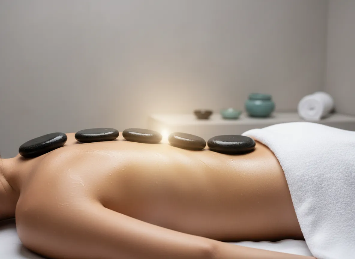 Smooth basalt hot stones placed along a client’s back for heat and relaxation